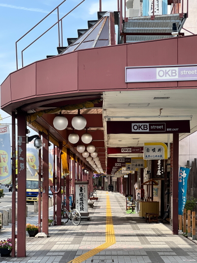 ゆったりとした道幅の歩道を覆う全蓋式アーケード商店街の様子