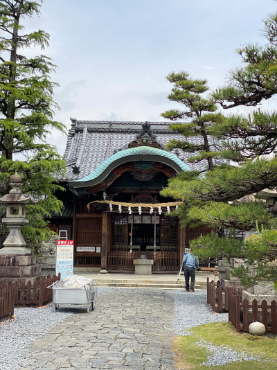 青空の下、厳かな雰囲気を漂わせる大垣八幡宮の立派な本殿と玉砂利が敷かれた美しい境内