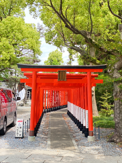 大垣八幡宮の境内の一角に整然と美しく並ぶ、鮮やかな朱塗りの稲荷鳥居の連なり