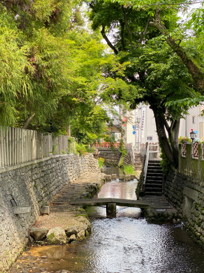 神社に隣接する水路に小さな木造の橋が架かり、澄んだ水が静かに流れる情緒ある風景