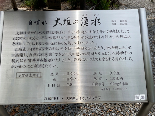 水質検査結果や深さ125メートルなどの詳細が記された大垣南ライオンズクラブ設置のステンレス製案内板