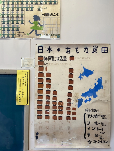 日本のおもな炭田のグラフや1週間の遅刻表の掲示物