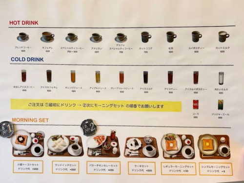 喫茶モーニングの卓上メニュー一覧表
