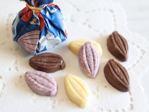 カカオパーニュ ブルー巾着と中身のチョコ